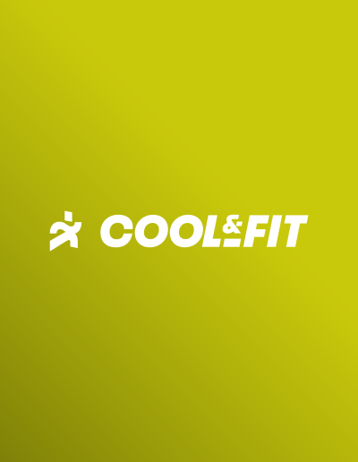 Logo de la salle de sport Cool&Fit, avec un personnage graphique minimaliste sur fond vert dégradé et texte blanc dynamique.