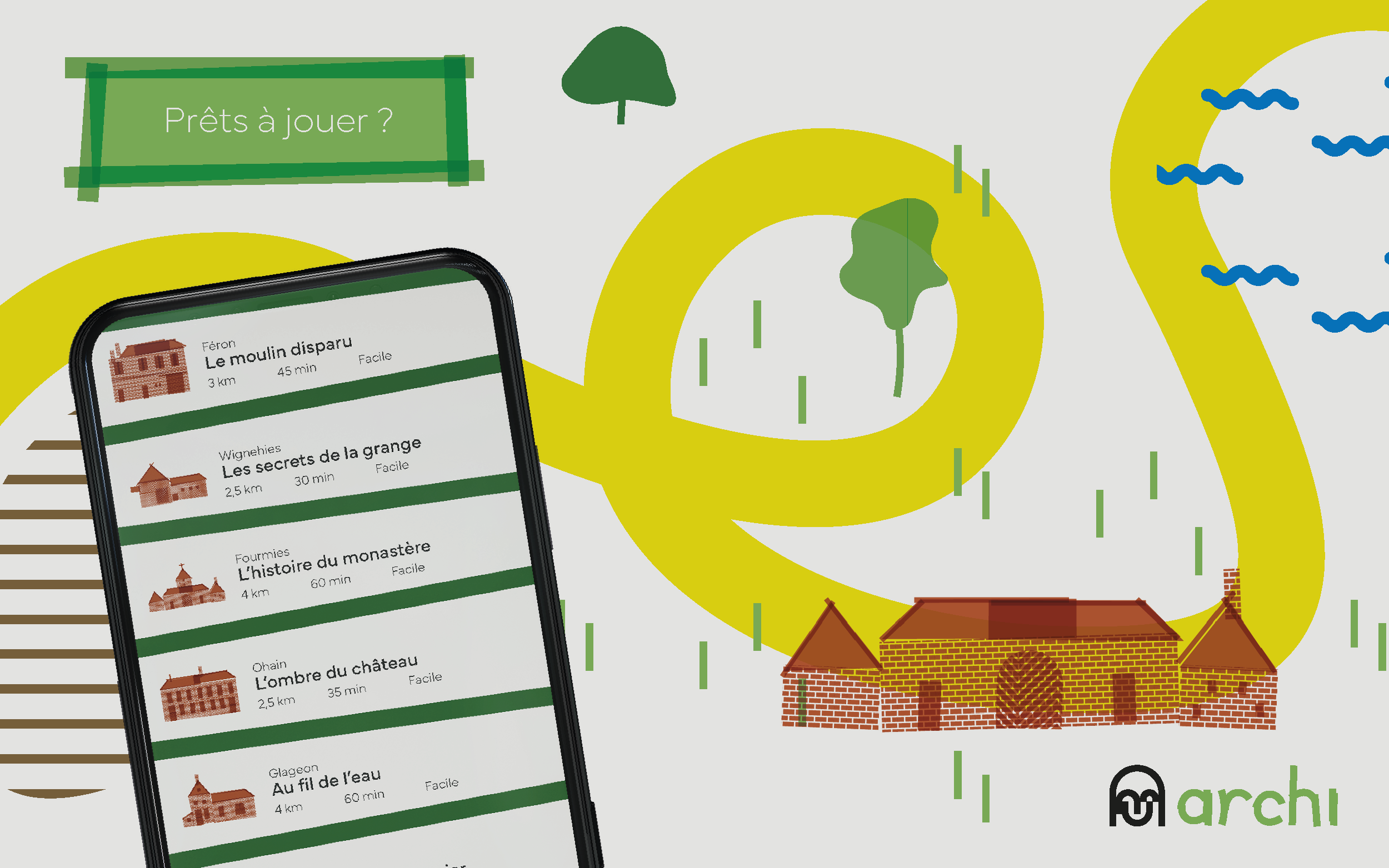 Post pour réseaux sociaux mettant en avant l'utilisation numérique du jeu sur smartphone. Arrière plan graphique illustrant un des parcours proposés.