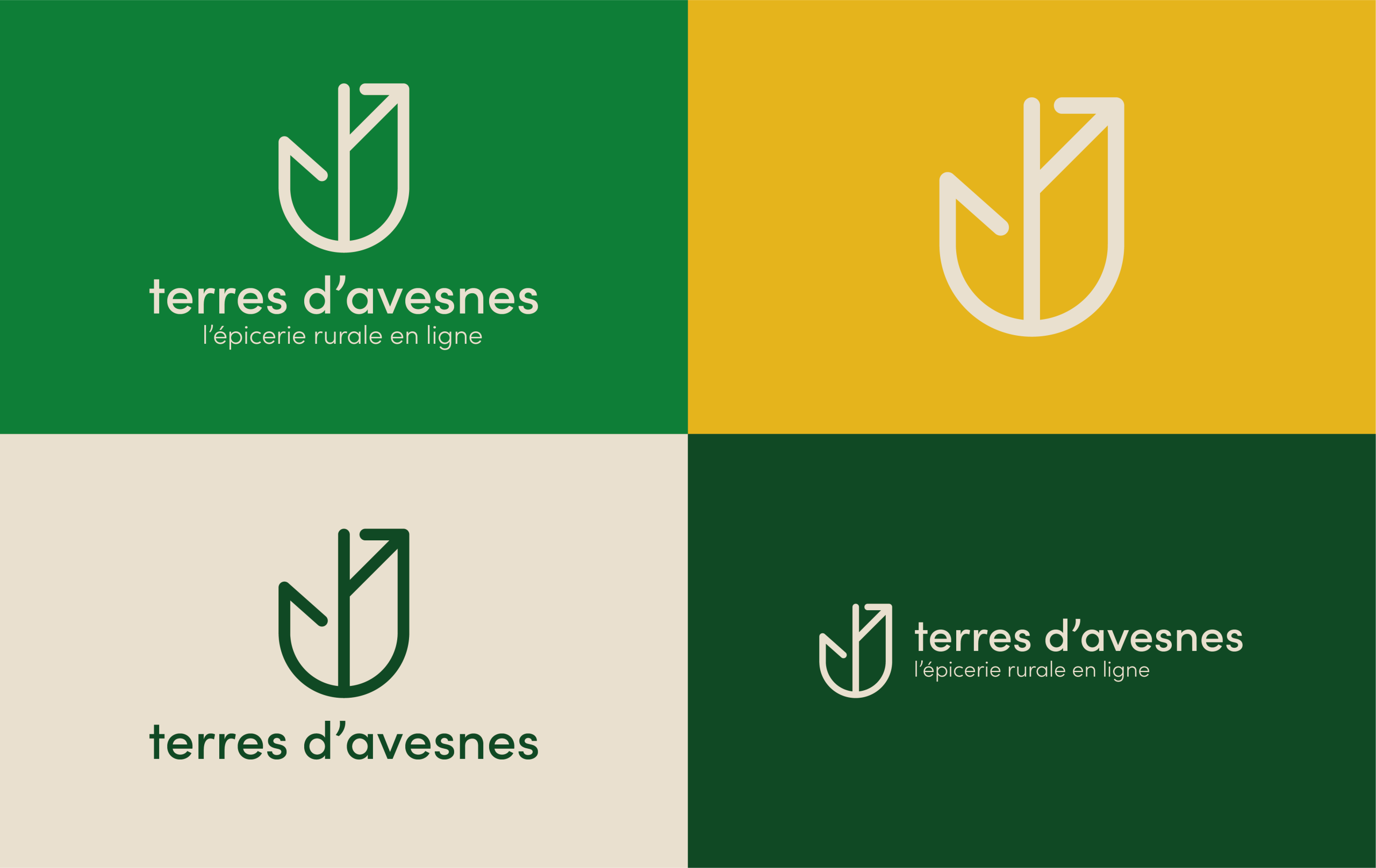 Assemblage des déclinaisons du logo Terre d'Avesnes sur différentes couleurs.