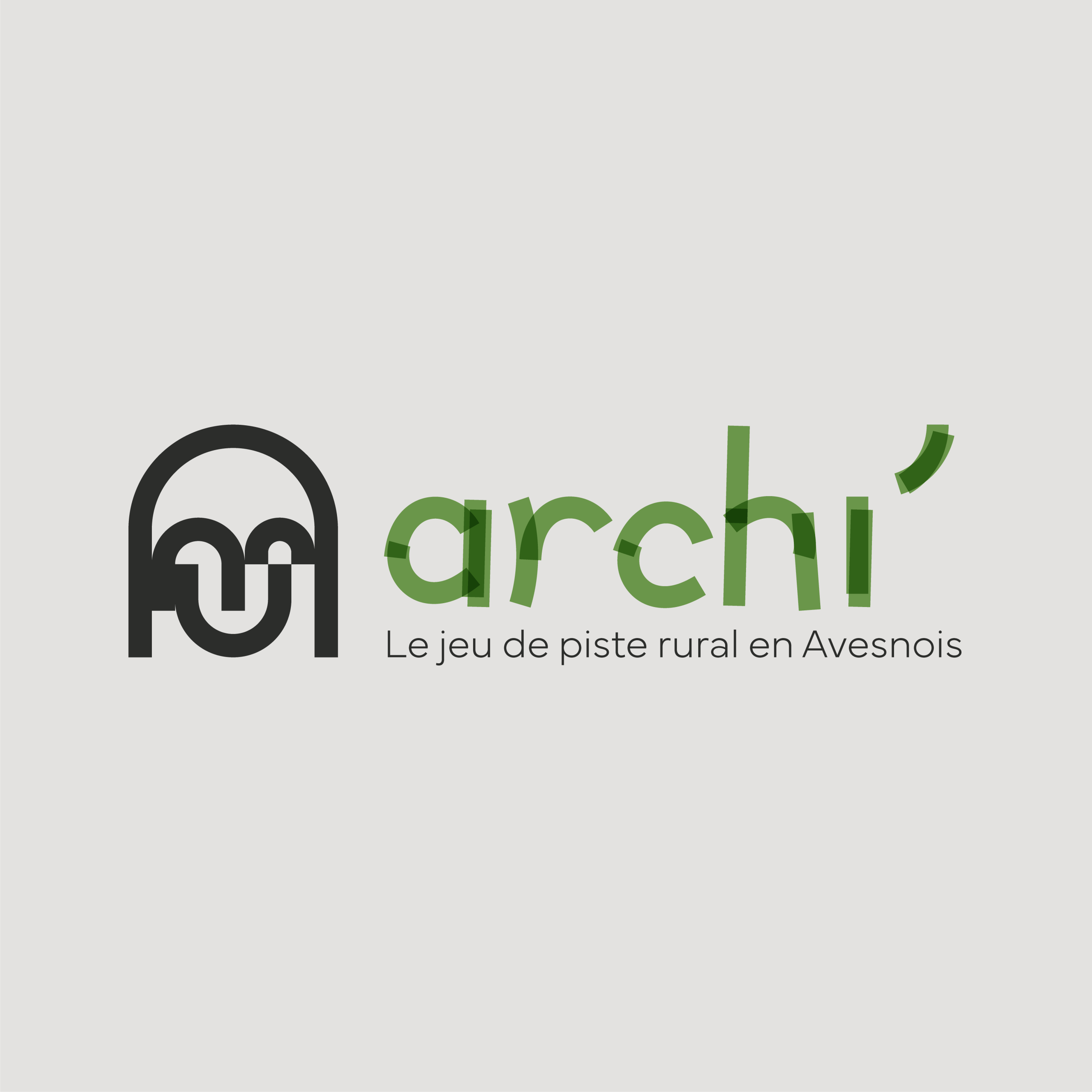 Logo du jeu Archi. Logo vert et noir sur fond beige. Effets d'assemblages et de superposition.