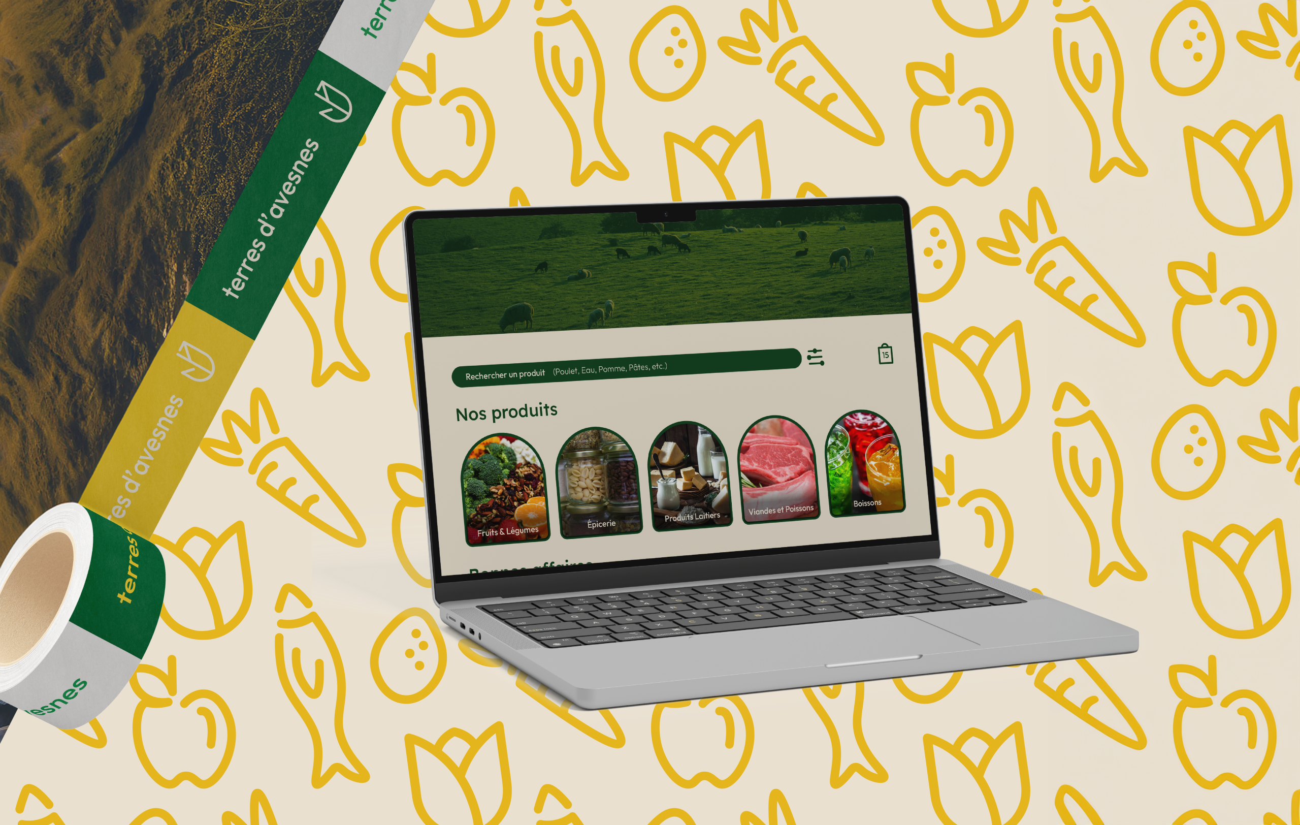 Maquette 3d du site web sur un laptop. Présentation des services. Motif vectoriel gourmand en arrière plan.