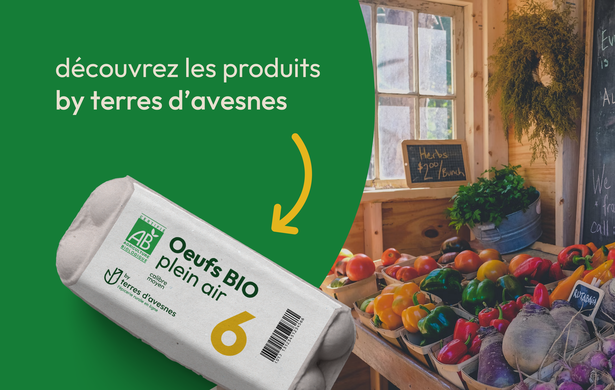Mise en avant du packaging "Boite d'oeufs" Etal de légumes en arrière plan.