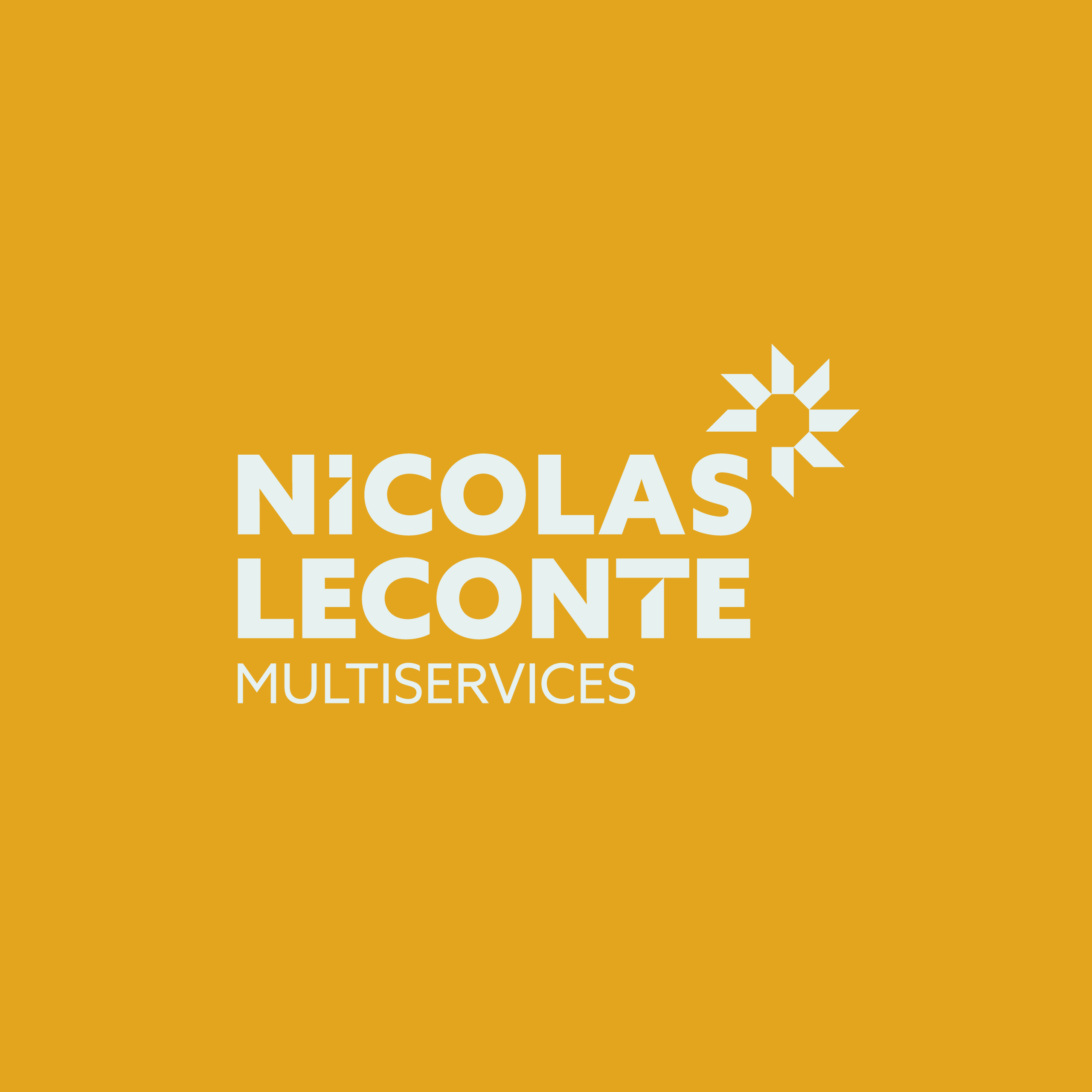 Logo minimaliste blanc sur fond jaune. Utilisation du rayonnement comme symbole graphique pour présenter la diversité des services proposés.